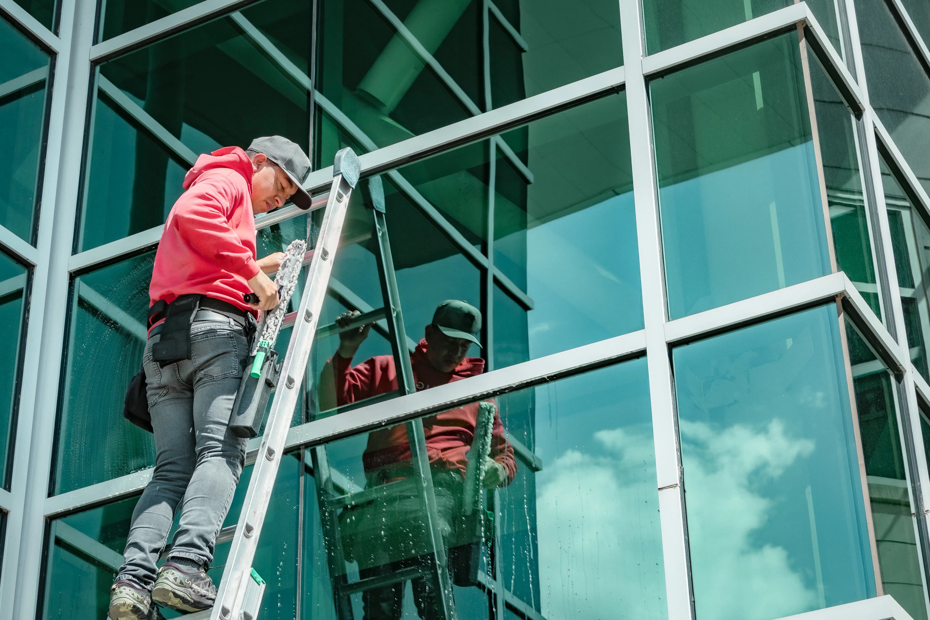 Sonlight Window Cleaning technician cleaning windows on a ladder