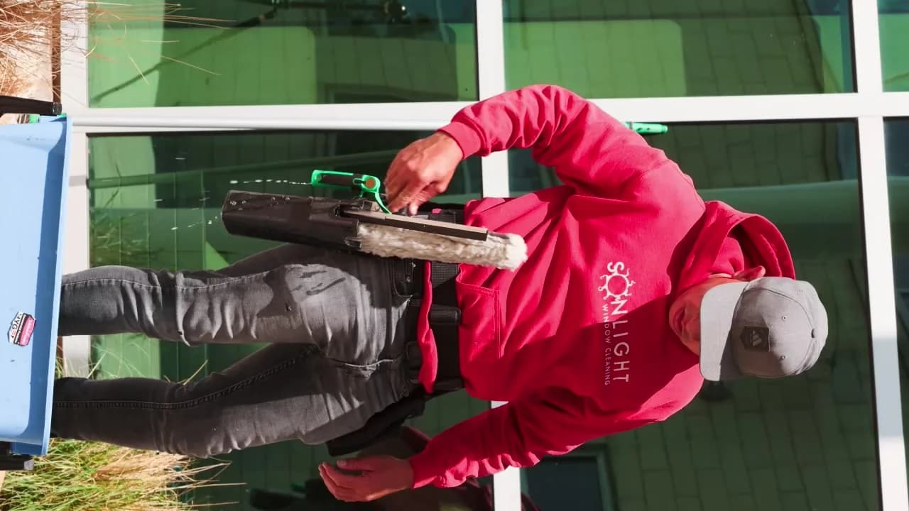 Sonlight technician applying cleaning solution to a commercial window — Littleton, Colorado